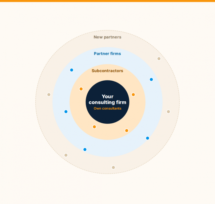 Partner network in a consulting firm: your own consultants in the centre, subcontractors, partner firms and new partners in rings around them